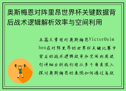 奥斯梅恩对阵里昂世界杯关键数据背后战术逻辑解析效率与空间利用